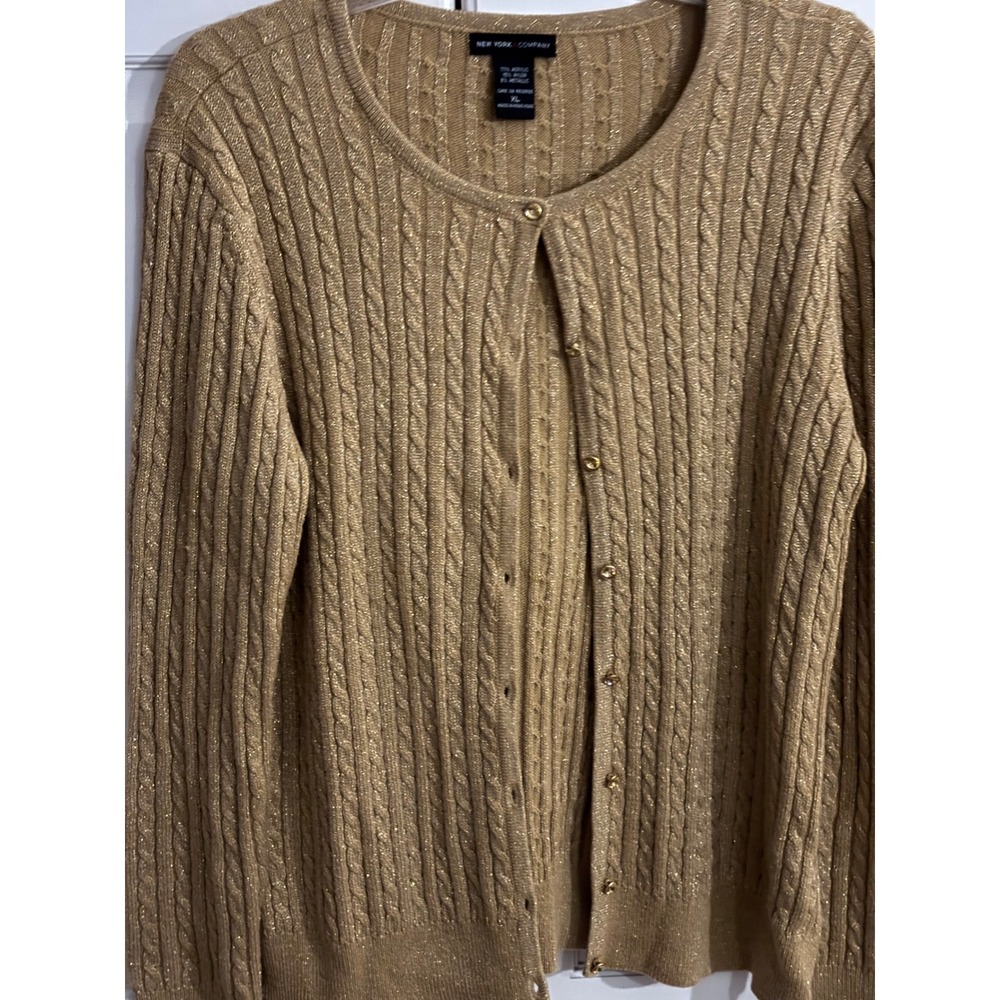 New York & Company Gold Metallic Cable Knit Cardigan SweaterXL Sparkle Button Up